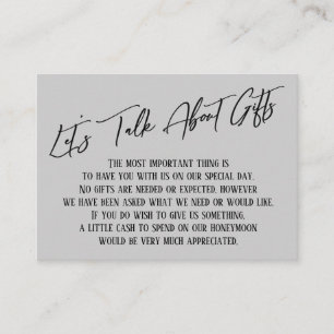 Carte D'accompagnement Parlons de cadeaux écriture manuscrite gris clair