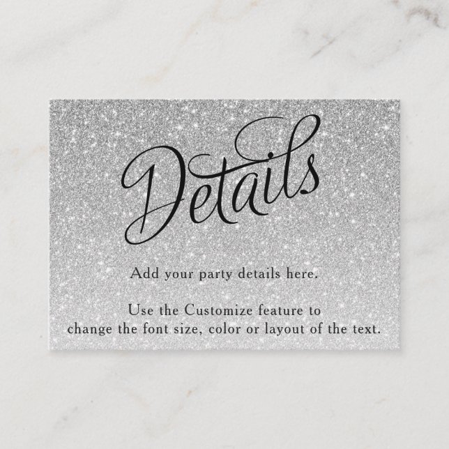 Carte D'accompagnement Parties scintillant argent - détails du script fan (Devant)