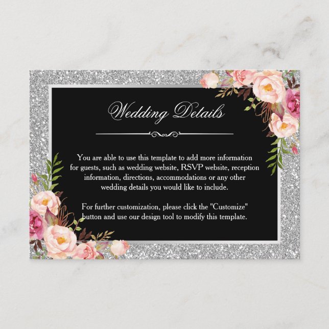 Carte D'accompagnement Parties scintillant Argent Floral Mariage Détails  (Devant)
