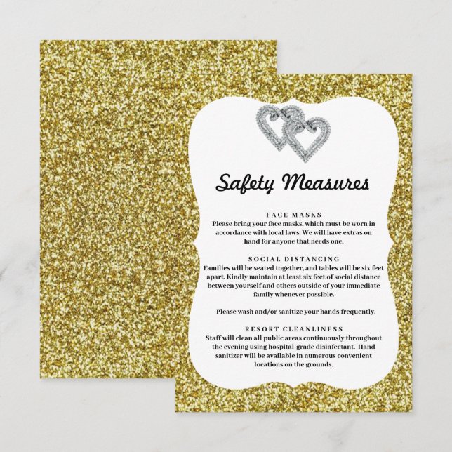 Carte D'accompagnement Parties scintillant d'or Coeurs de diamant Mesures (Devant / Derrière)