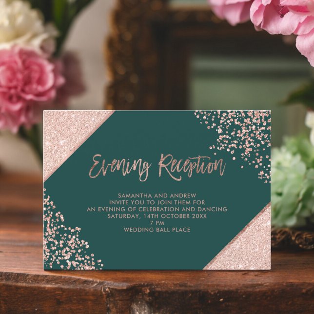 Carte D'accompagnement parties scintillant d'or rose écriture verte soiré (Rose gold glitter green script evening reception enclosure card)