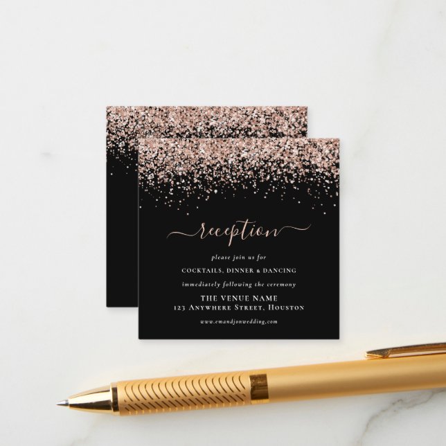 Carte D'accompagnement Parties scintillant rose Gold Mariage Black Récept (Devant/Arrière en situation)