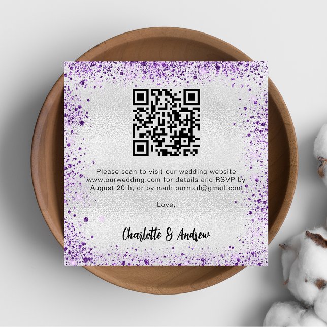 Carte D'accompagnement Parties scintillant violet argenté Code QR mariage (Créateur téléchargé)