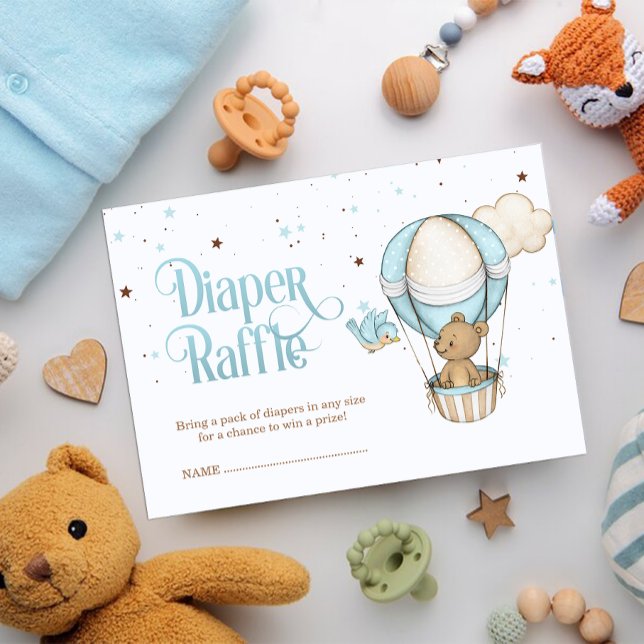 Carte D'accompagnement Pastel Blue Teddy Bear Air Balloon Déchets Raffin (Diaper Faffle baby shower card)