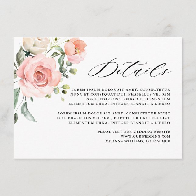 Carte D'accompagnement Pastel Pink Blush Rose Floral Détails Mariage (Devant)