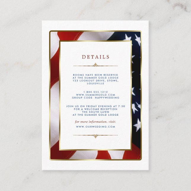 Carte D'accompagnement Patriotique, Elegant USA Drapeau Or Mariage Détail (Devant)