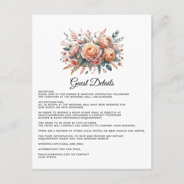 Carte D'accompagnement Peach Fuzz Floral Mariage Détails sur l'invité (Devant)