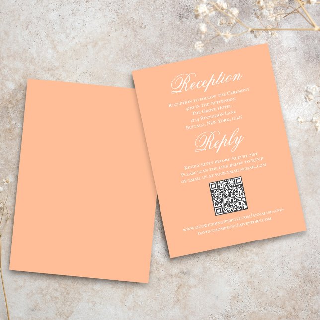 Carte D'accompagnement Peach Wedding Script RSVP Reception  (Peach reception and reply card with a scannable QR code.)