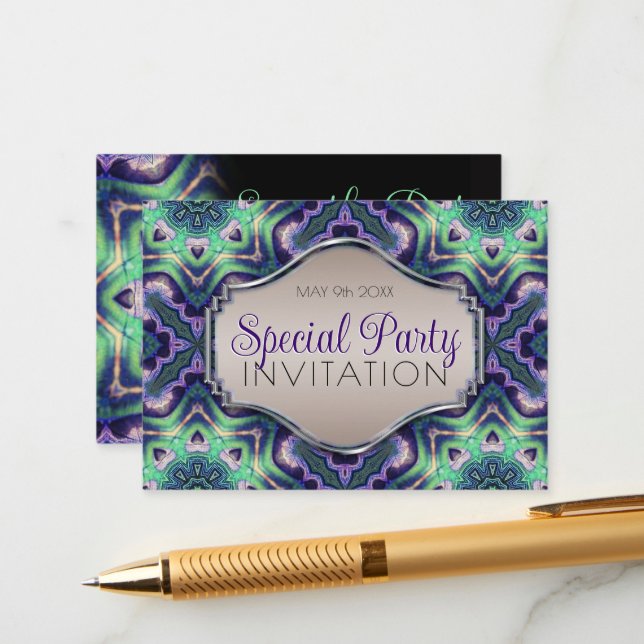 Carte D'accompagnement Peacock vert violet Mandala Moderne Moyen Age (Devant/Arrière en situation)