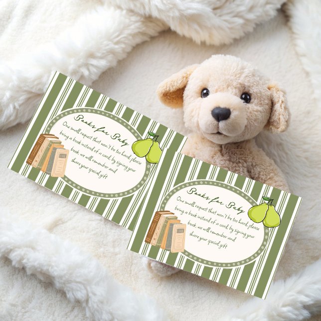 Carte D'accompagnement Pear sage green retro baby shower book request (Pear sage green retro baby shower book request enclosure cards pear books for baby cards)
