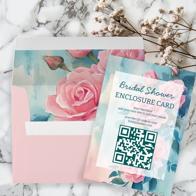 Carte D'accompagnement Peinture de roses roses Baby shower personnalisé C (Pink Roses Painting Bridal Shower CUSTOM QR Code Enclosure Card
)