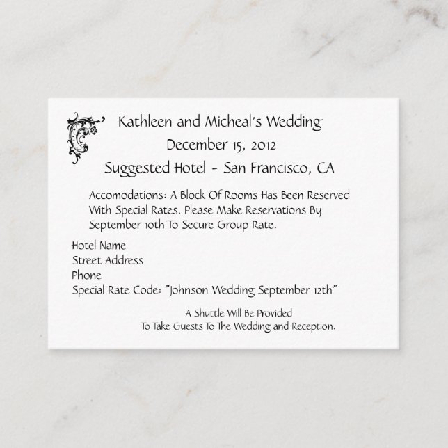 Carte D'accompagnement Personnaliser Hôtel Mariage Hébergement Insertion  (Devant)
