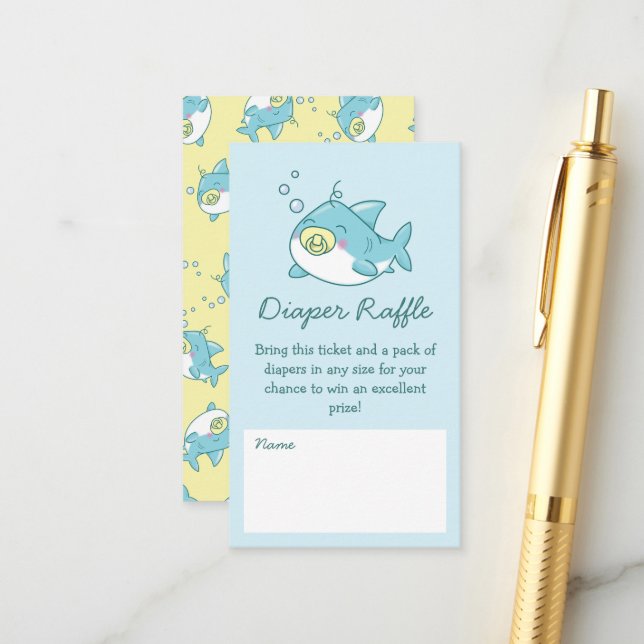 Carte D'accompagnement Petit Baby shower de requin Kawaii Raffle de couch (Devant/Arrière en situation)
