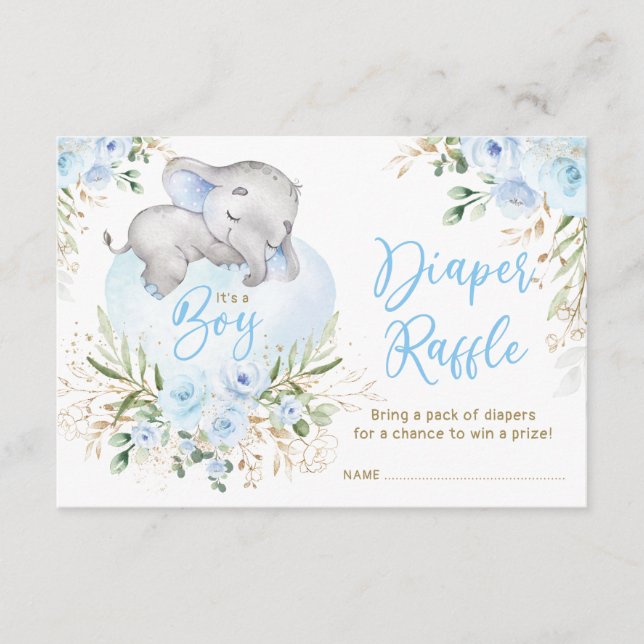 Carte D'accompagnement Petit Bébé Eléphant Bleu Roses Déchets Raffle (Devant)