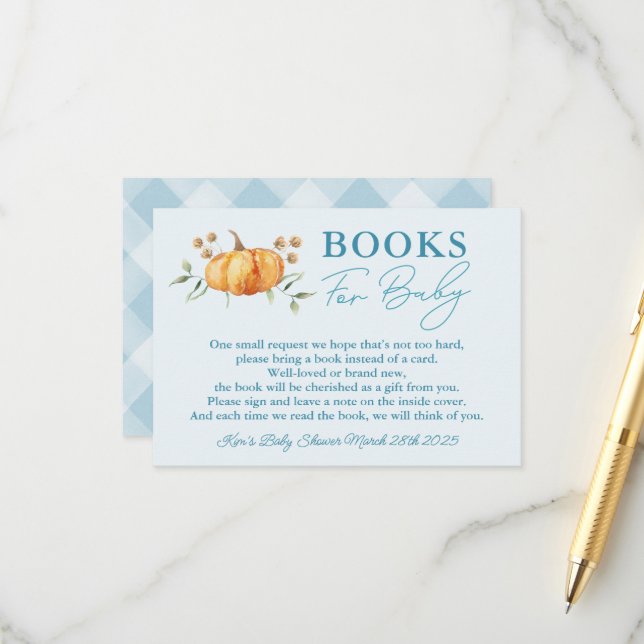 Carte D'accompagnement Petit Citrouille Boy Baby shower Livres pour bébé (Devant/Arrière en situation)