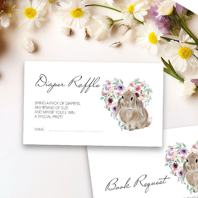 Carte D'accompagnement Petit Lapin Baby shower Floral Déchets Raffin (Floral Rabbit Diaper Raffle card from my Little Bunny & Little Lamb Baby Shower collection)