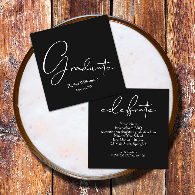 Carte D'accompagnement Petit Script de fin d'études partie noire (Small 2.5" x 2.5" invitations to hand out or mail with your graduation announcements (no envelopes))