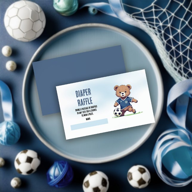 Carte D'accompagnement Petit Teddy Ours Soccer Baby shower Déchets Raffle (Cute Blue Teddy Bear Soccer Player Boy Baby Shower Diaper Raffle Insert  Enclosure Card)