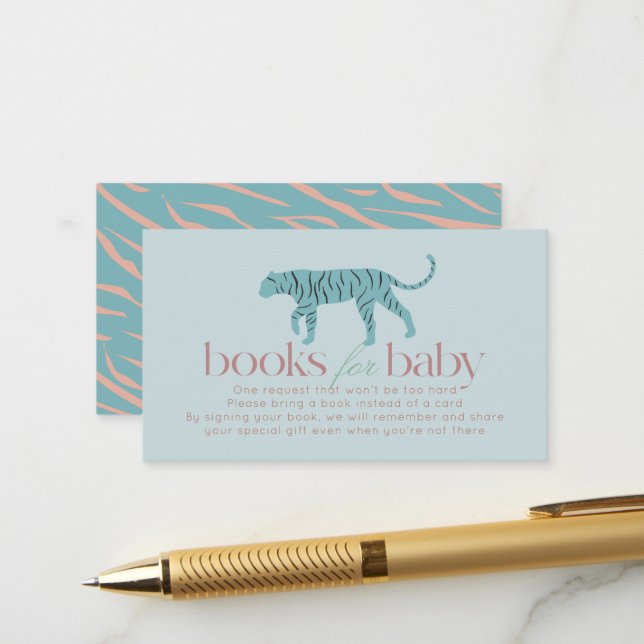 Carte D'accompagnement Petit Tigre moderne Baby shower bleu demande de ré (Devant/Arrière en situation)