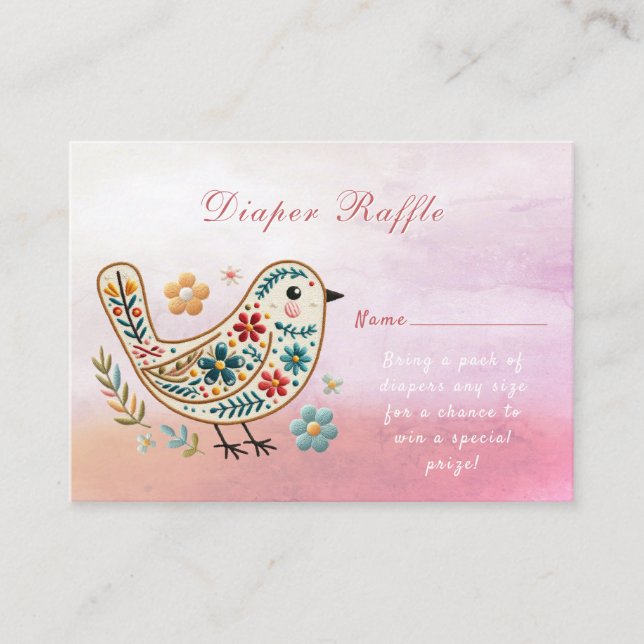Carte D'accompagnement Petite broderie florale d'oiseaux Baby shower rose (Devant)