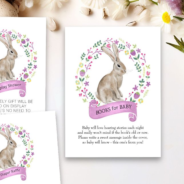 Carte D'accompagnement Petite Bunny Baby shower Aquarelle Livres pour béb (Spring or Easter Book Request card from my Little Bunny & Little Lamb Baby Shower collection)