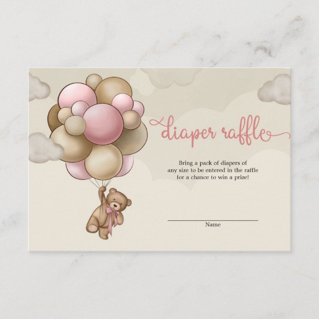Carte D'accompagnement Petite fille ours brun ballons rose tombole (Devant)