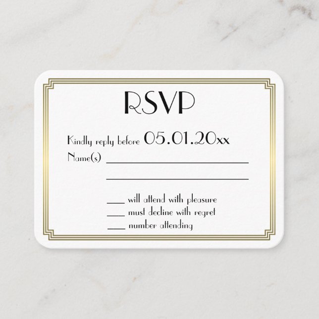 Carte D'accompagnement Petite Gatsby Arte Déco Gold Wedding RSVP (Devant)