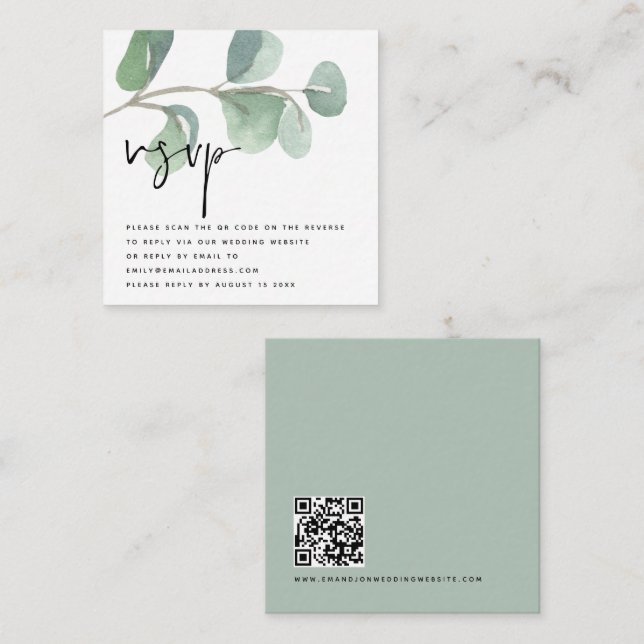 Carte D'accompagnement PETITE TAILLE Eucalyptus QR Code Script Mariage RS (Devant / Derrière)