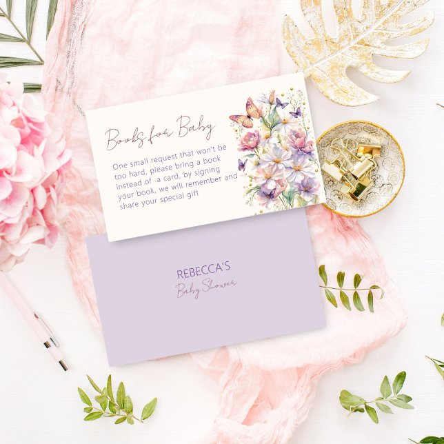 Carte D'accompagnement Petits baby showers papillons demande (Little butterfly baby shower books request enclosure card spring summer lilac flowers books for baby)