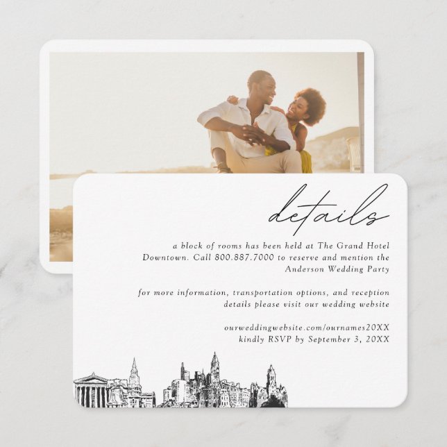 Carte D'accompagnement Philadelphia Mariage Hotel Détails du bloc de cham (Devant / Derrière)