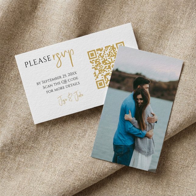 Carte D'accompagnement Photo complète, code QR doré, réponse au mariage b (Full photo, gold QR code white wedding RSVP Enclosure Card.)