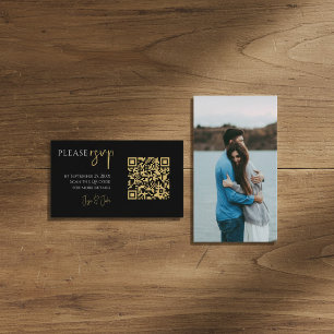 Carte D'accompagnement Photo complète, code QR or noir mariage RSVP