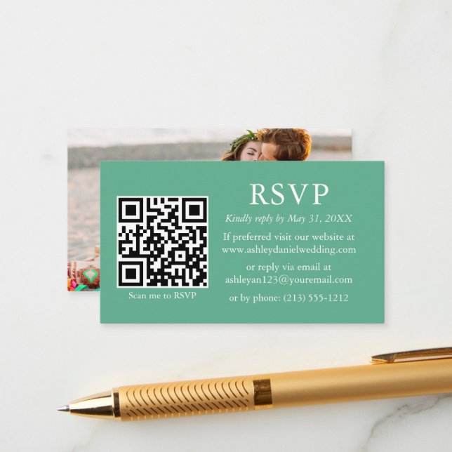 Carte D'accompagnement Photo du mariage QR Neo Mint Green RSVP (Devant/Arrière en situation)