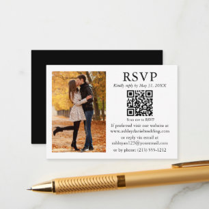 Carte D'accompagnement Photo minimaliste mariage noir blanc QR RSVP