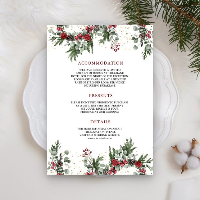 Carte D'accompagnement Pin Rustique Rouge Floral Noël Détails du Mariage (Créateur téléchargé)