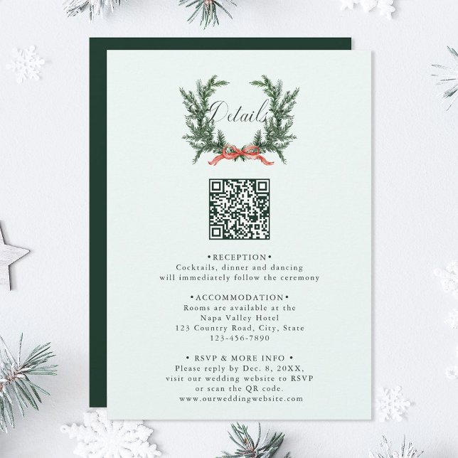 Carte D'accompagnement Pine Wreath Wedding QR Code Details Mint Green (Créateur téléchargé)