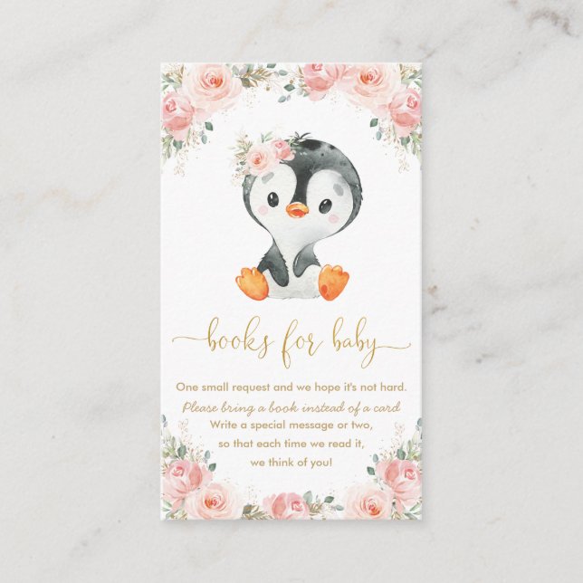 Carte D'accompagnement Pingouin rose florale Apporter des livres pour béb (Devant)