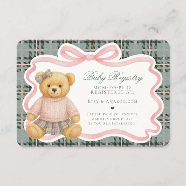 Carte D'accompagnement Pink Coquette Bow Bear Plaid Baby Registry Card (Devant)