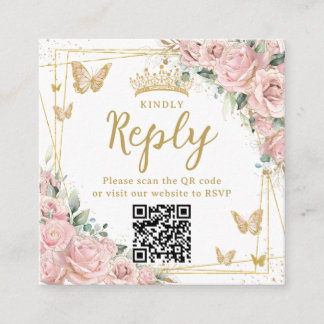 Carte D'accompagnement Pink Floral Butterflies Quinceanera RSVP QR Code