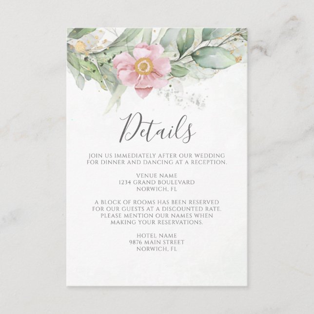Carte D'accompagnement Pink Floral Eucalyptus Green Détails Mariage (Devant)