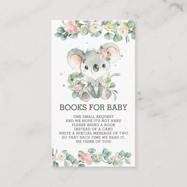 Carte D'accompagnement Pink Floral Eucalyptus Koala Livres pour Baby Girl (Devant)