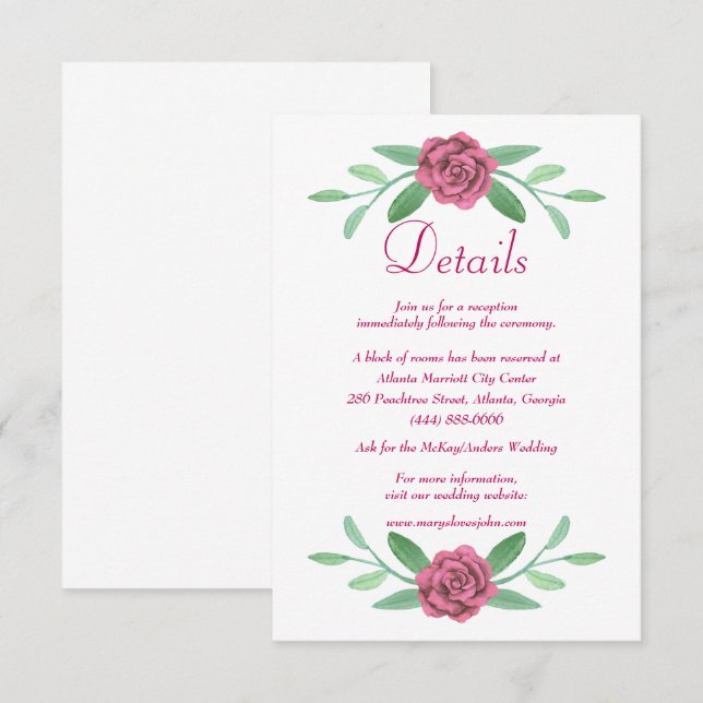 Carte D'accompagnement Pink Floral Greenery Foliage Détails du Mariage (Devant / Derrière)
