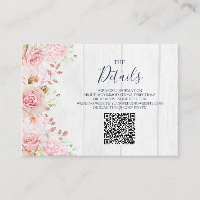 Carte D'accompagnement Pink Floral Spring Wedding QR code Details Insert (Devant)
