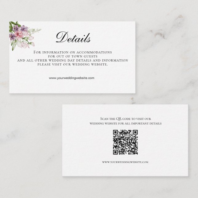 Carte D'accompagnement Pink Green Floral Code QR Détails du Mariage (Devant / Derrière)