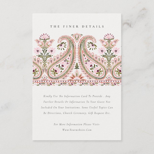 Carte D'accompagnement Pink Green Floral Paisley Motif Détails du Mariage (Devant)
