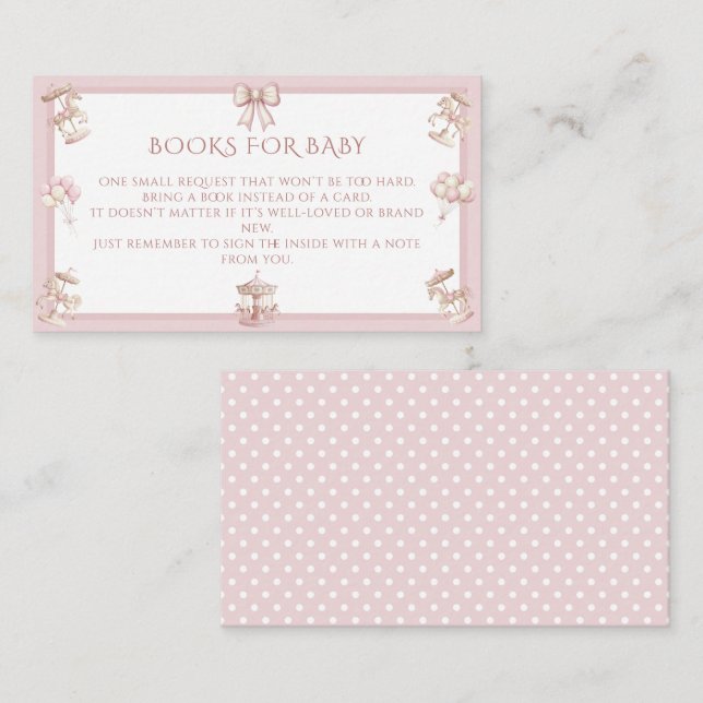 Carte D'accompagnement Pink Merry Go Round Livres pour Baby shower (Devant / Derrière)