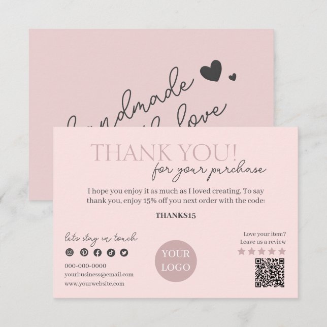 Carte D'accompagnement Pink Modern Script QR Code, Merci Business (Devant / Derrière)