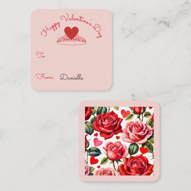 Carte D'accompagnement Pink & Red Roses Heart Crown Classroom Valentine (Devant / Derrière)