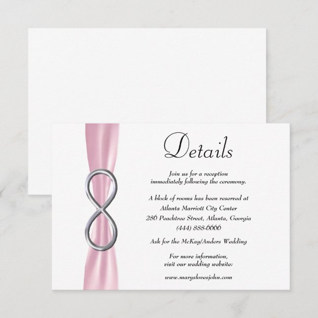 Carte D'accompagnement Pink Ribbon Silver Infinity Détails du Mariage (Devant / Derrière)