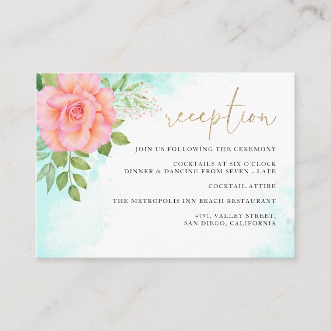 Carte D'accompagnement Pink Turquoise Ombre Floral Rose Réception de mari (Devant)